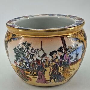 Vintage hand painted ceramic Chinese Satsuma Small Fish Bowl Planter Vase 3"